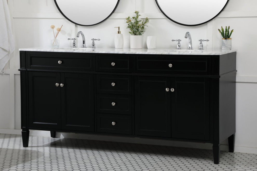 Home Living Vanity with Carrara White Marble Countertop, Black, 72", Double Sink