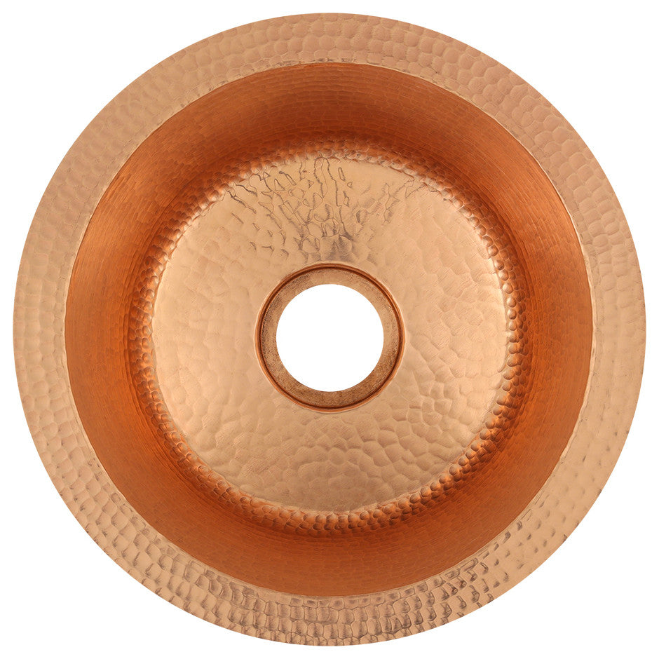 12" Round Hammered Copper Bar Sink, 2" Drain Opening, Polished Copper