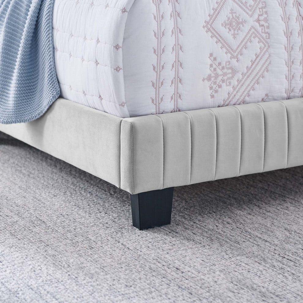 Tufted Platform Bed Frame, Queen Size, Velvet, Grey Gray, Modern Contemporary