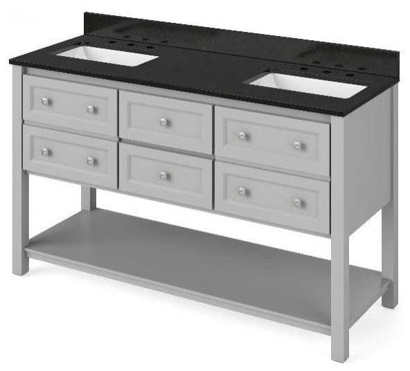 Adler Transitional 60" Grey Double Sink Vanity, Black Granite Vanity Top