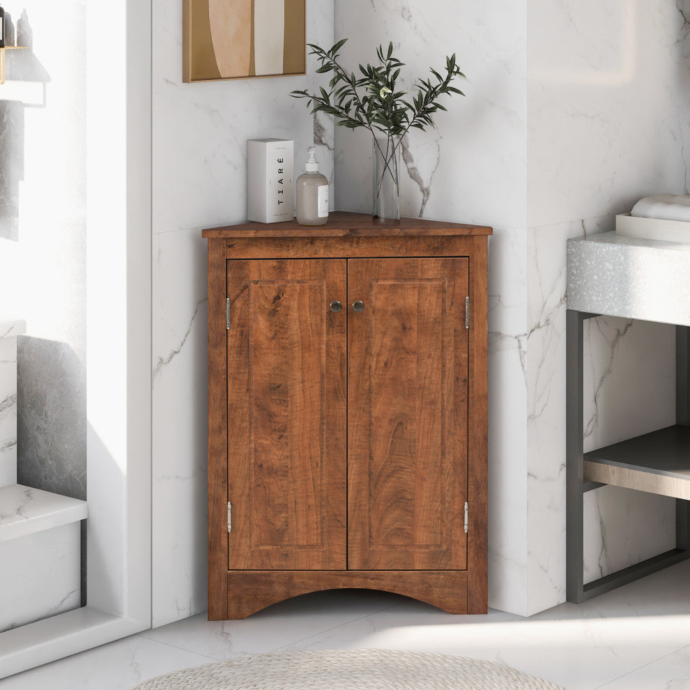 32" Wood 2-door Bath Corner Cabinet, Adjustable Shelves, Brown