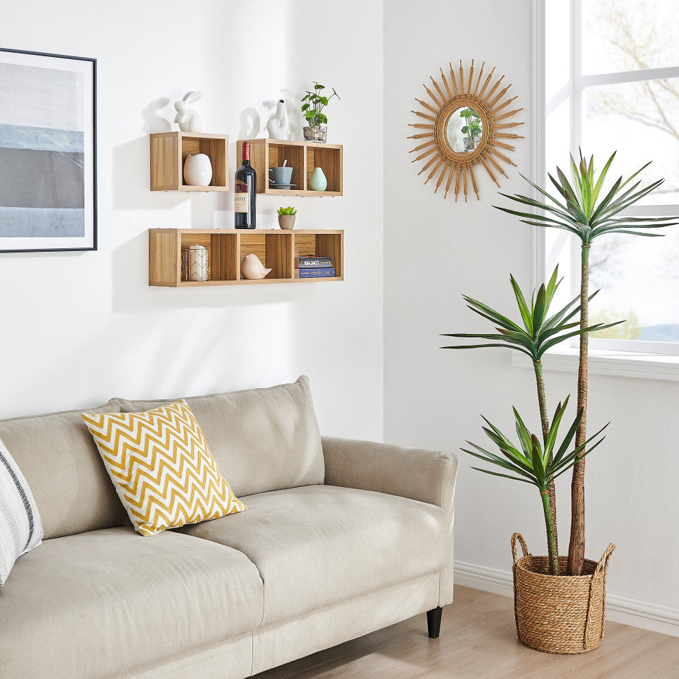 Danya B. Bauhaus Floating Geometric Cubby Wall Shelves Set of 3 Sizes, Chestnut