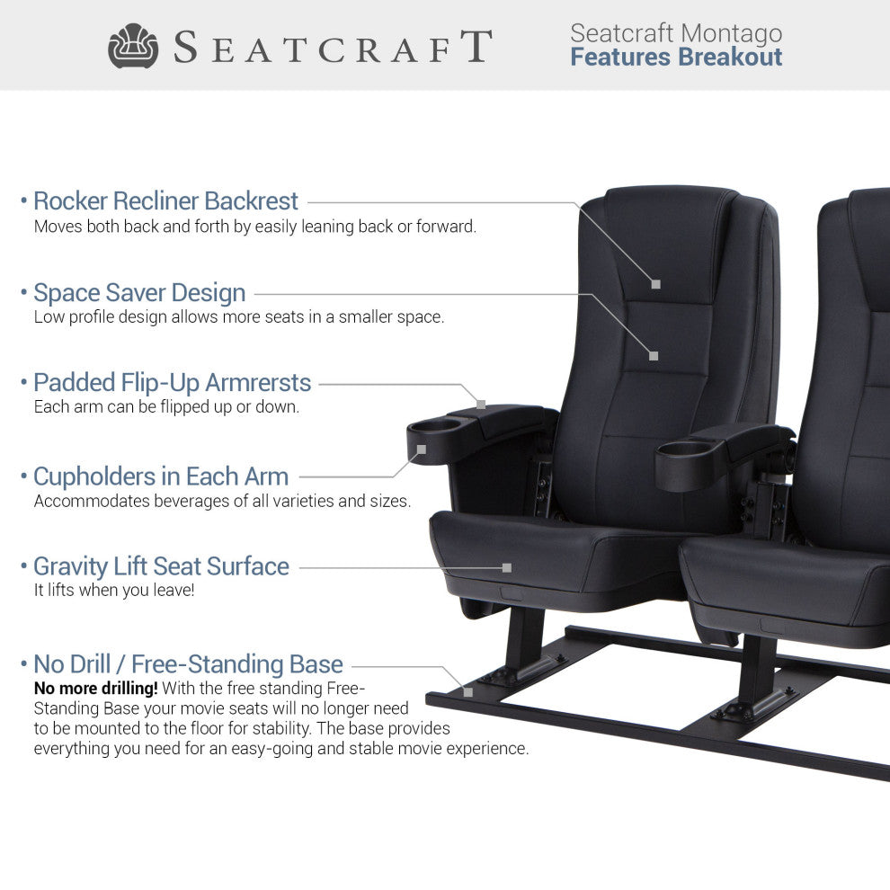 Seatcraft Montago Movie Theater Seating, Black, Row of 3