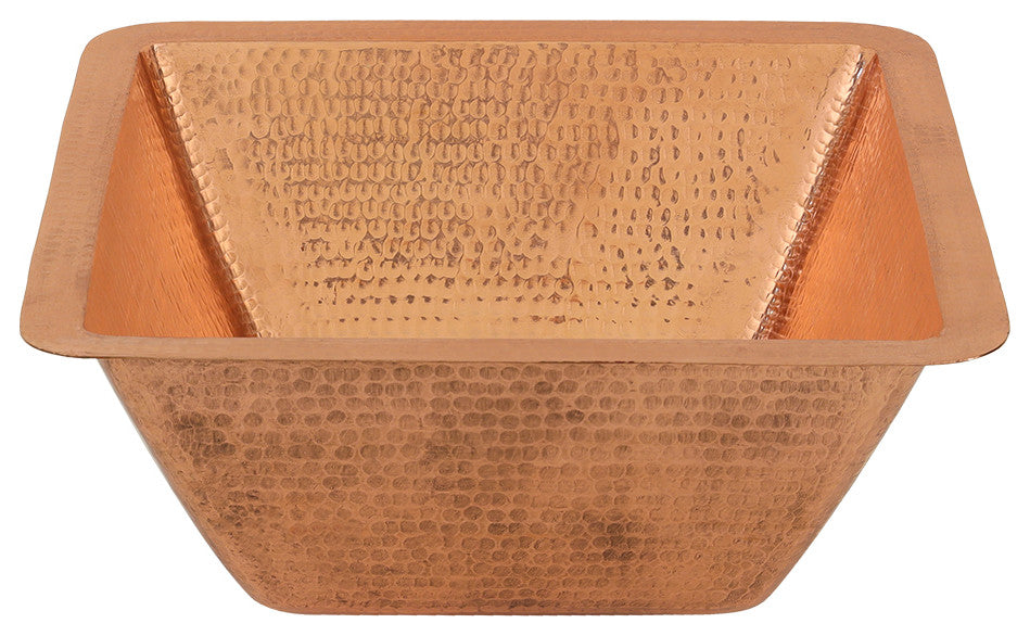 15" Square Hammered Copper Bar/Prep Sink, 2" Drain Opening, Polished Copper