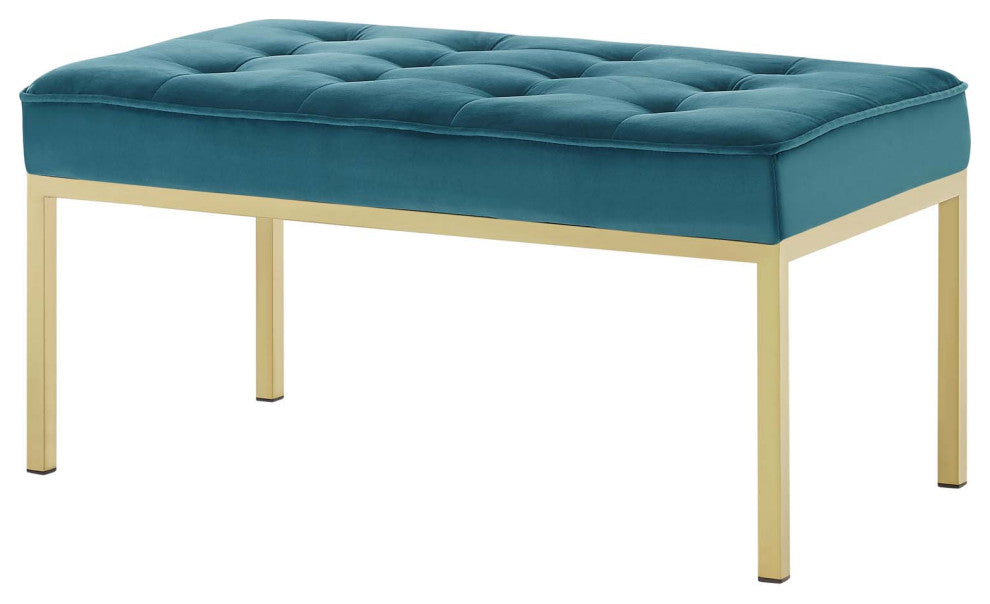 Modern Designer Lounge Accent Chair Bench, Velvet Fabric, Gold Aqua Blue