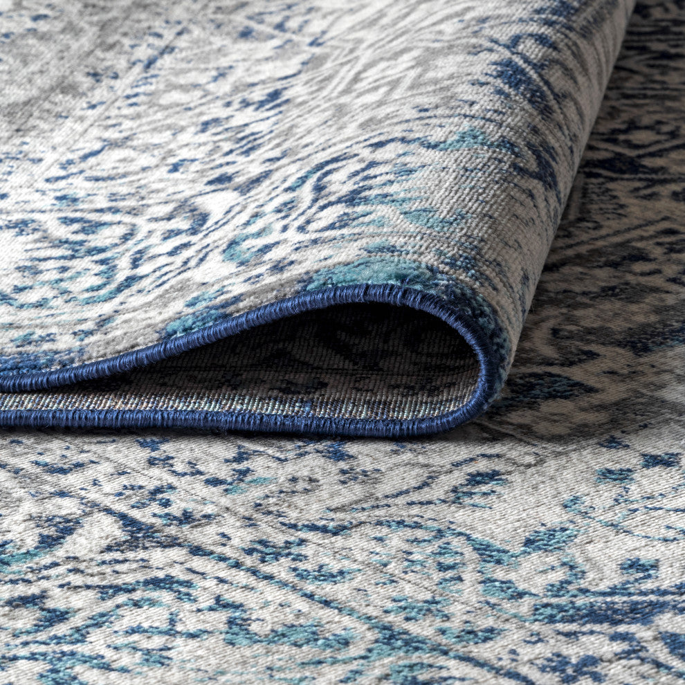 Modern Persian Vintage Medallion Area Rug, Blue, 10 X 14