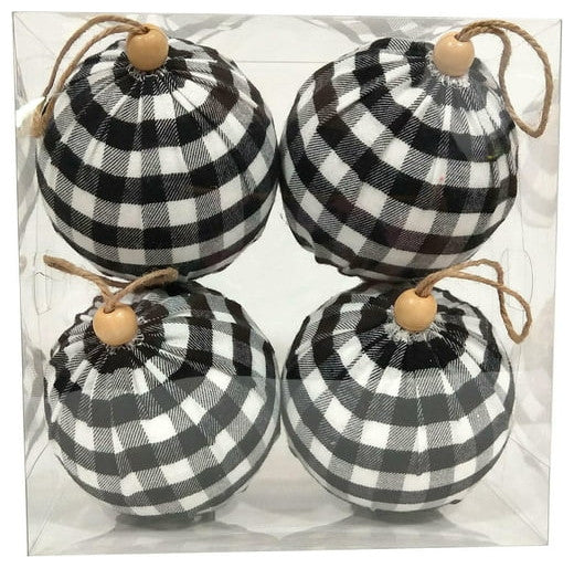 Vickerman MC210542 4"Black and White Plaid Cloth Ball Ornament 4 Pieces Per Box