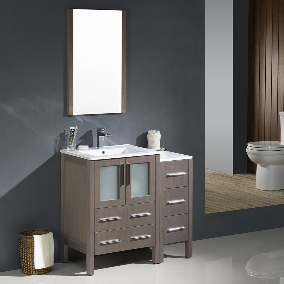 Torino 36" Gray Oak Modern Bathroom Vanity With Side Cabinet, FFT3111CH