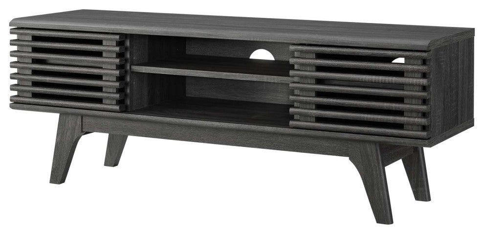 Media TV Stand Console Table, Wood, Dark Grey Gray, Modern, Lounge Hospitality