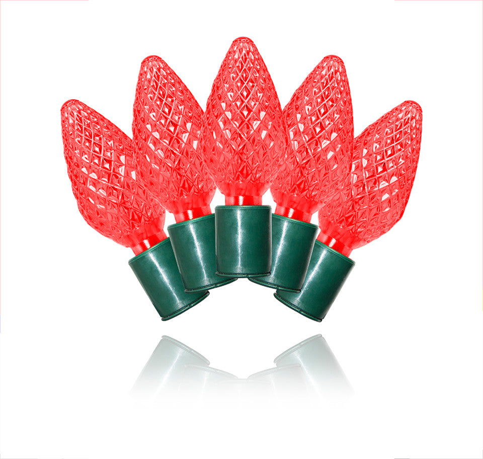 25 C9 Red LED Lights 5" Spacing On Green Wire