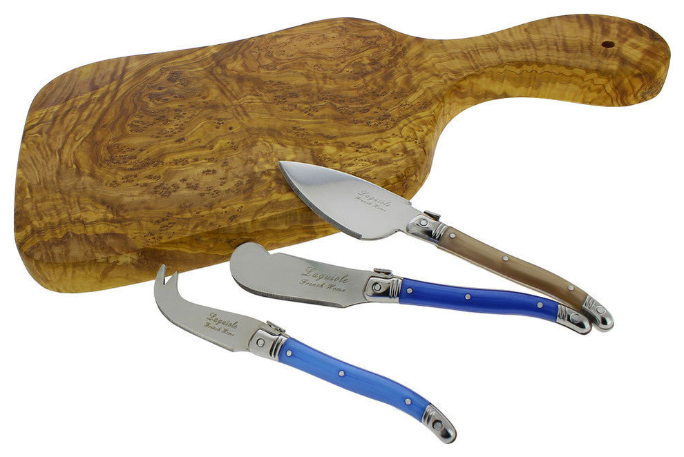 14" Olive Wood Cutting Board With 3 Asst. Laguiole Cheese Knives