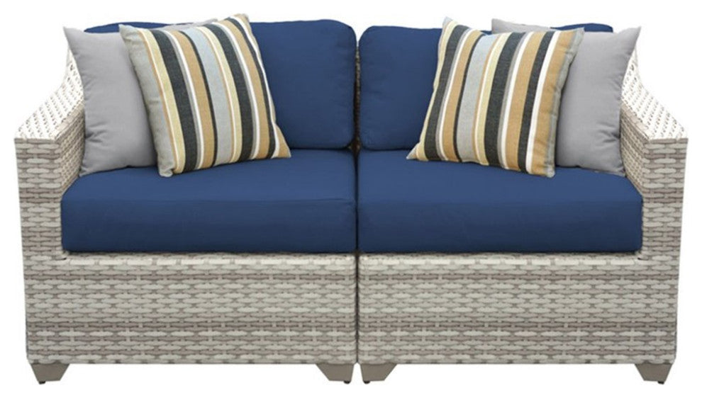 TK Classics Fairmont 2 Piece Wicker Patio Loveseat with Navy Cushions