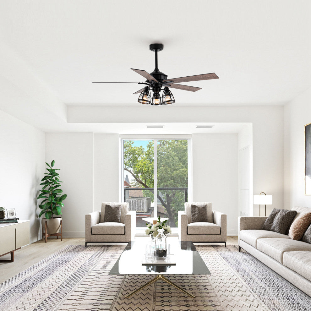 52 in Industrial Matte Black Ceiling fan With 5 Blades, Remote Control