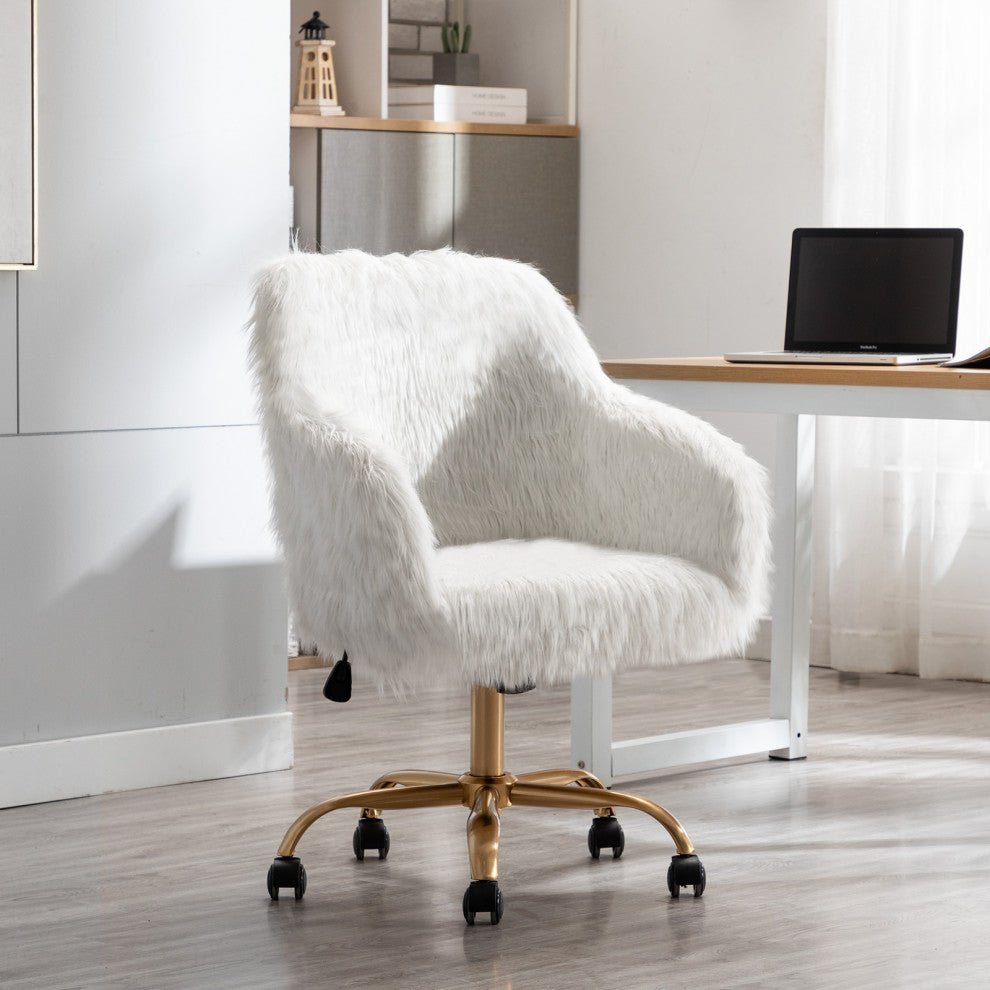 Fluffy Faux Fur Armrest Swivel Desk Chair, White