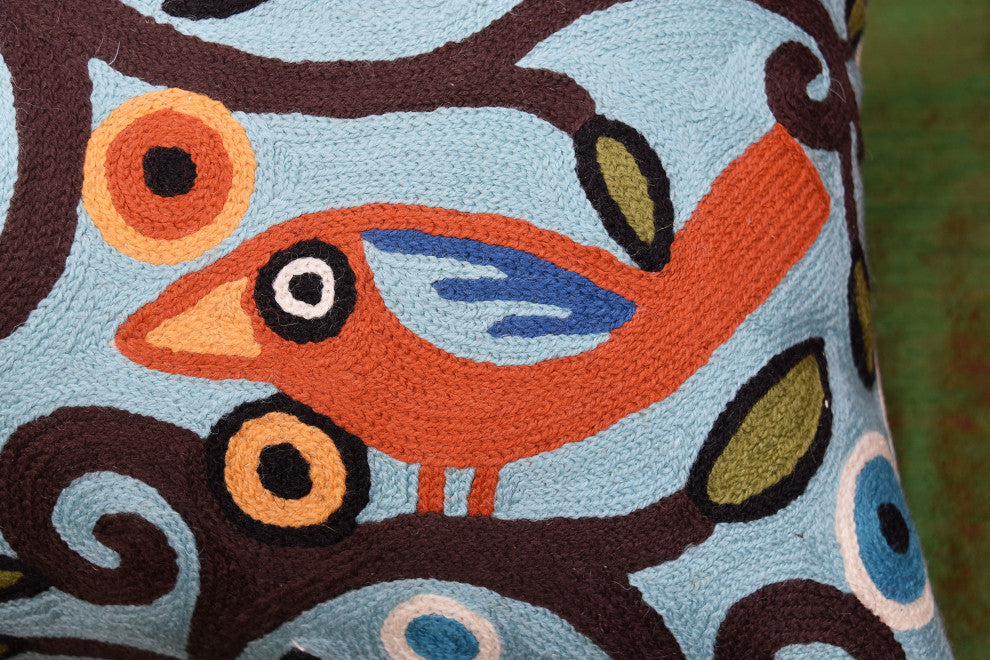 Lumbar Blue Tree Of Life Pillow Cover Birds Accent Pillows Handmade Wool 14x20"