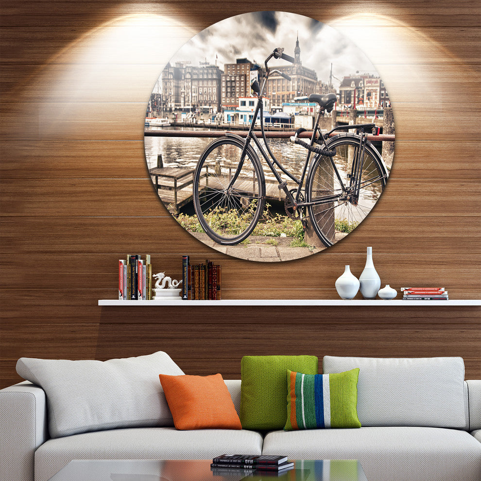 Bike Over Bridge In Amsterdam, Cityscape Photo Round Metal Artwork, 36"