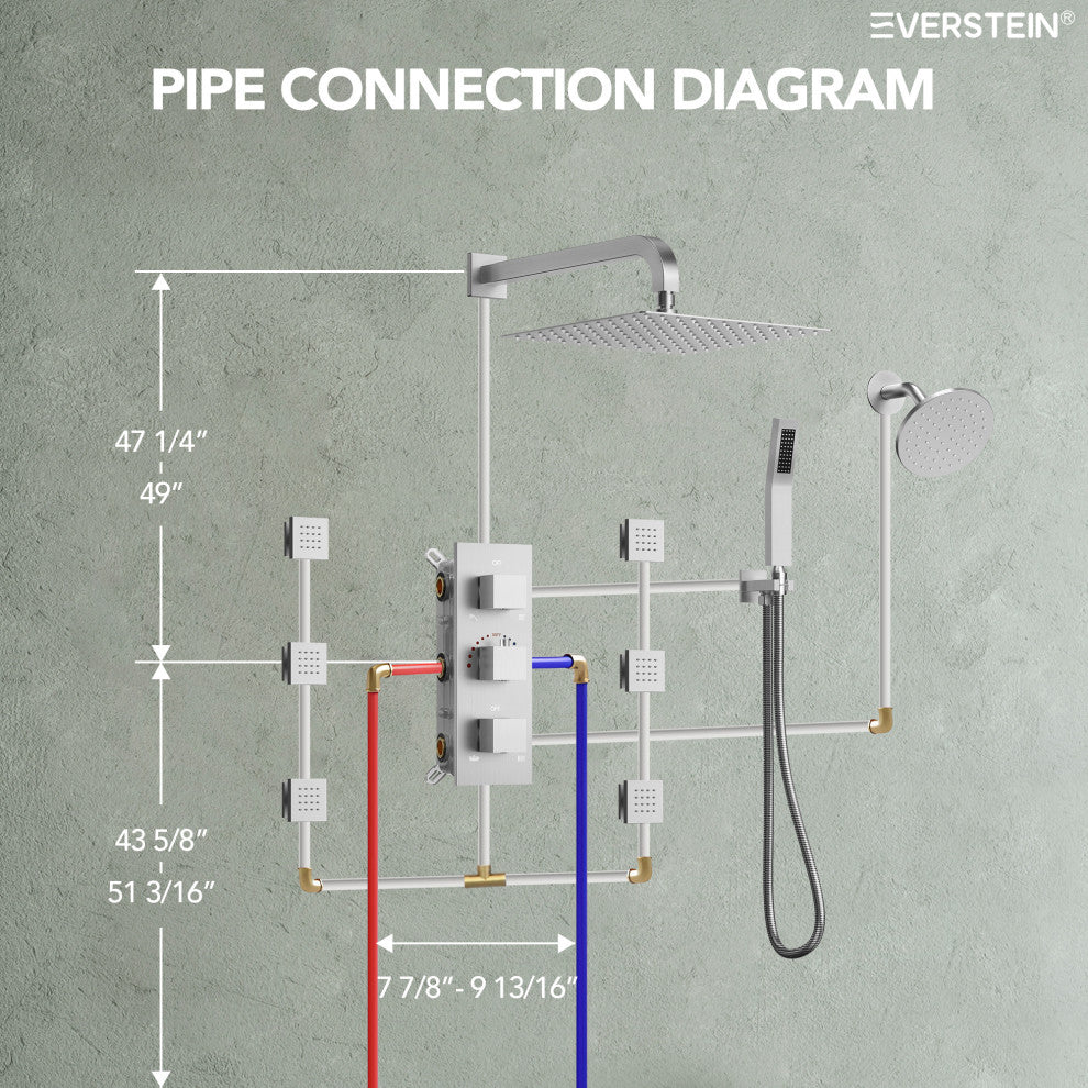 Dual Heads 12" Rain Shower System With 3 Way Thermostatic Faucet,Body Jets, Brushed Nickel