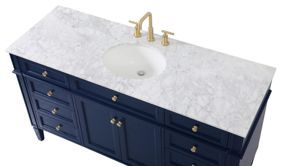 Home Living Vanity with Carrara White Marble Countertop, Blue, 60", Single Sink