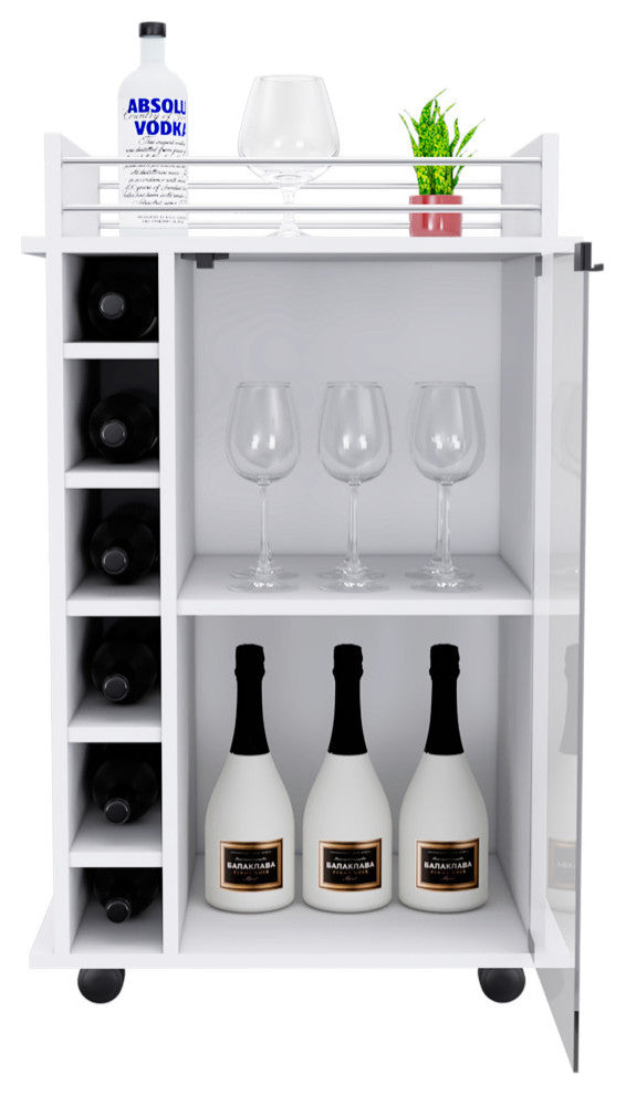 Vegas Retro Modern Two Tier Bar Cart with Glass Door & Six Liquor Cubbies, White