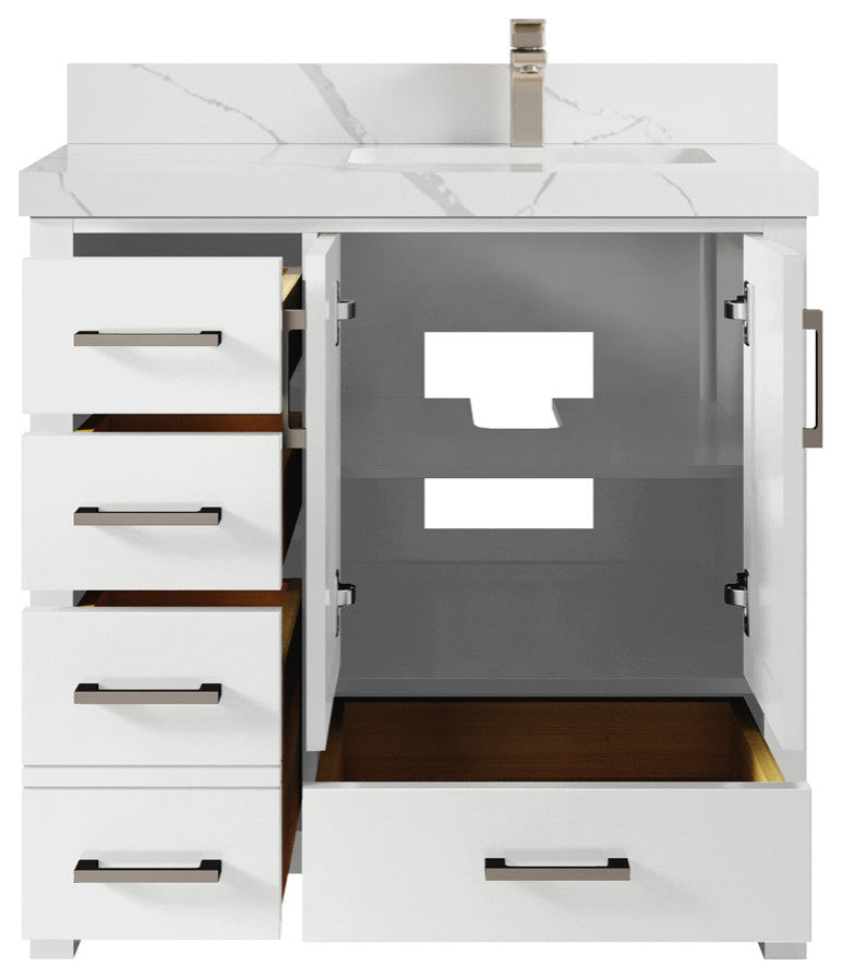 Malibu 36 Right Offset Bath Vanity in White  2" Calacatta Laza