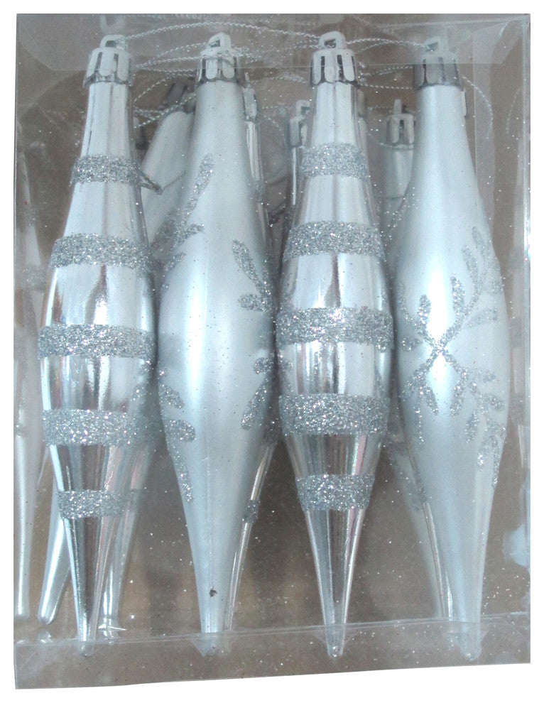 Silver Finial Ornament With Snowflake And Line Glitter Design