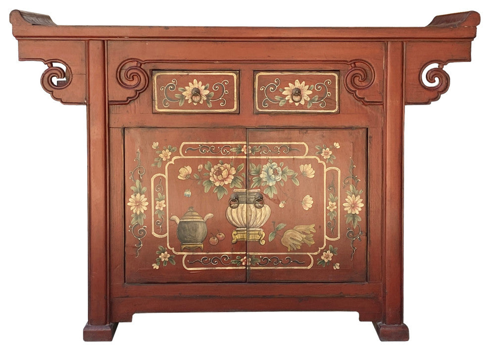 Chinese Distressed Brick Red Flower Altar Console Side Table Cabinet Hcs6177