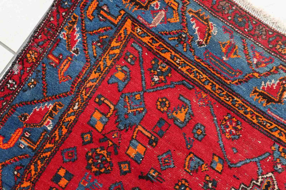 Handmade Vintage Persian Hamadan Rug 4.3'x6.4', 133cmx196cm 1950s