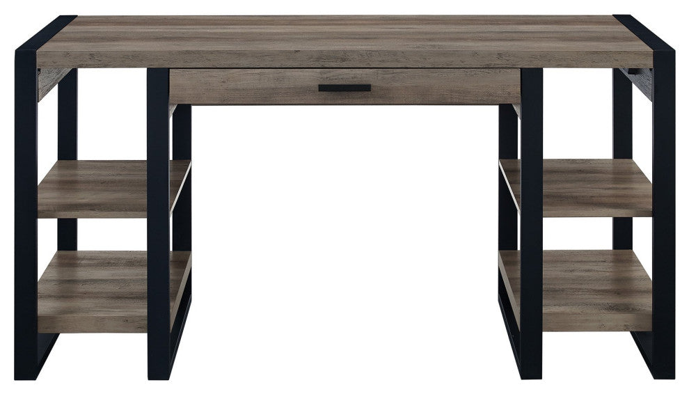 Modern Desk, Drawer With Side Open Shelves With Charging Station, Gray Wash