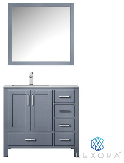 Jacques 36" Vanity, Wht Carrara Marble Top w/ 34" Mirror, Dark Grey, Left