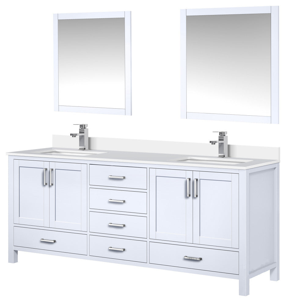Jacques 80" White Double Sink Vanity with Quartz Top, With Faucet and Mirror