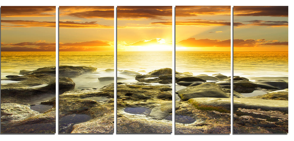 Beautiful Orange Sundown Beach, Seashore Canvas Art Print, 60"x28", 5 Panels
