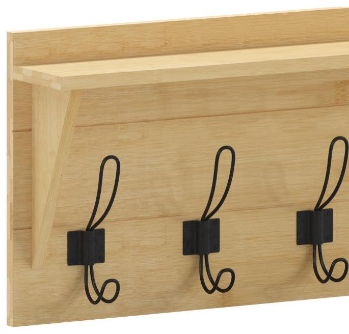 Daly Wall Mounted Solid Pine Wood Storage Rack With Upper Shelf and 5 Hooks, Bamboo