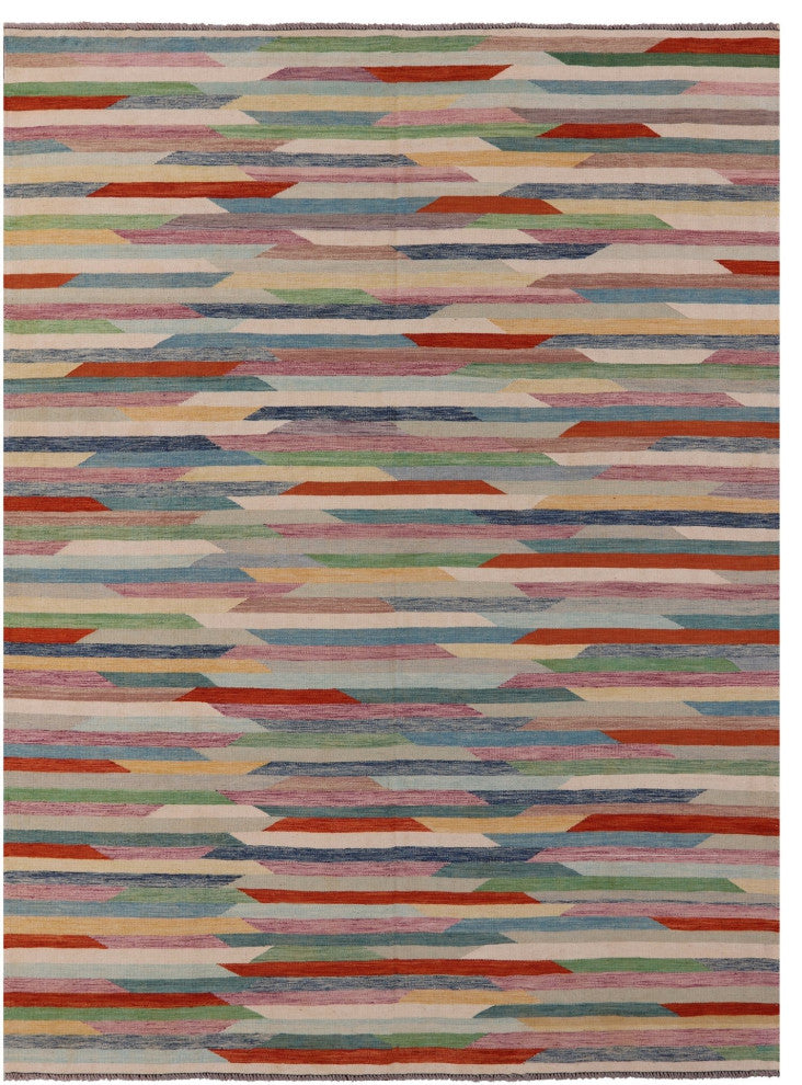 8' 7" X 11' 3" Reversible Kilim Flat Weave Wool On Wool Rug - Q12592
