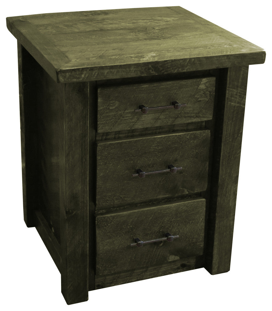 Barnwood Style Timber Peg 3-Drawer Nightstand, Weathered Slate