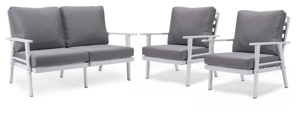 LeisureMod Walbrooke 3-Piece Patio Set With White Aluminum Frame and Cushions, Grey