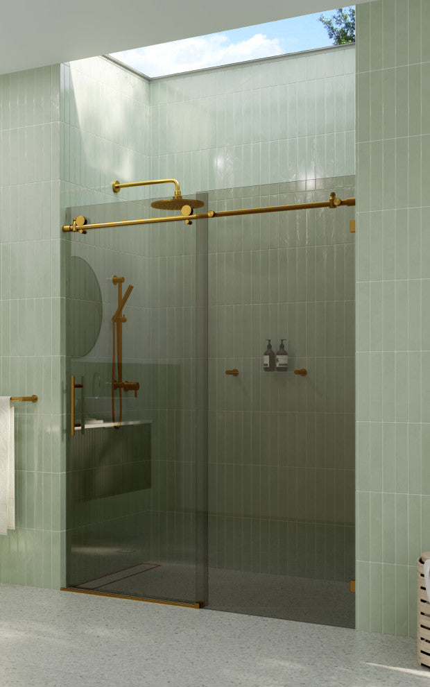 Equinox 60"x78" Frameless Glass Sliding Shower Door, Gray Tint, Satin Brass