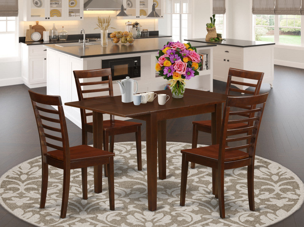 5Pc Wood Dining Set, Rectangular Table, 4 Chairs, Rubberwood Seat, Mahogany
