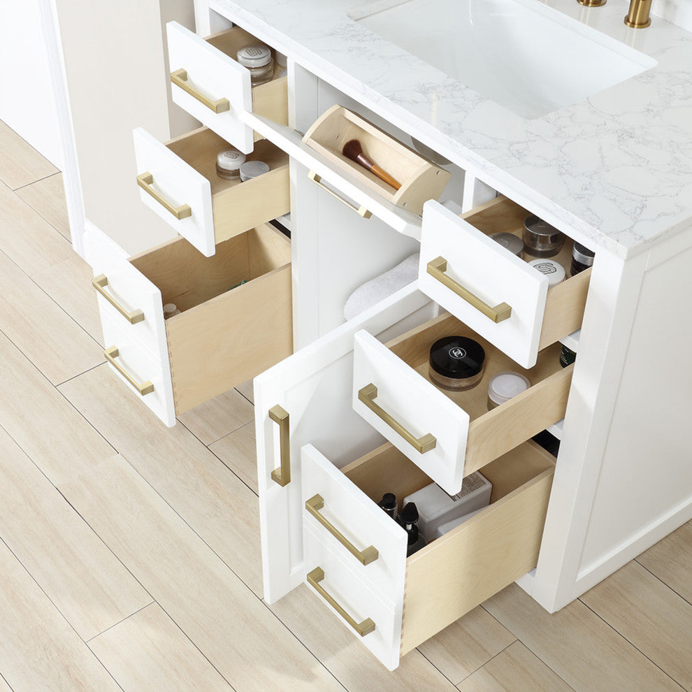 Gavino Vanity With Grain White Composite Stone Top, White/Brushed Gold, 42", No Mirror