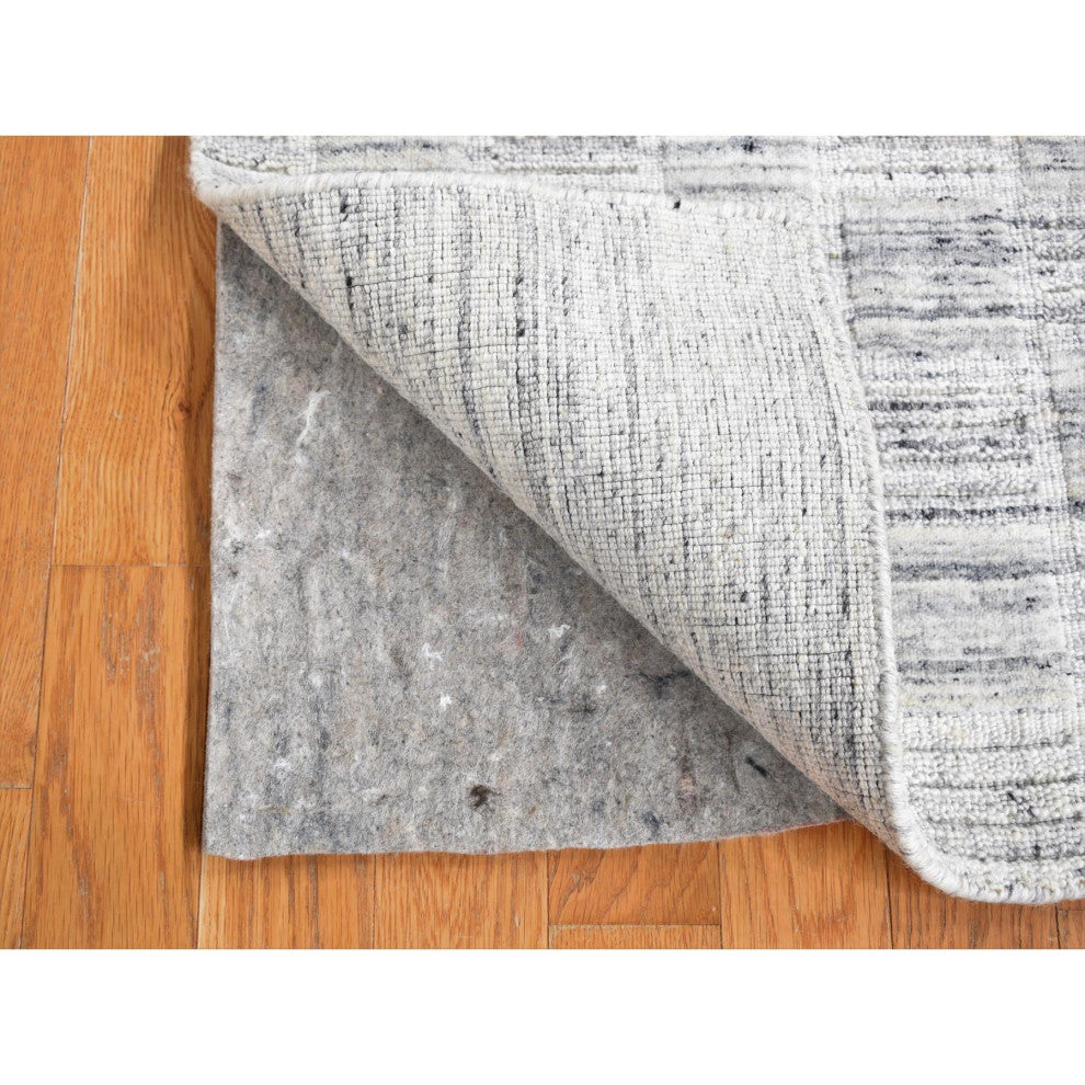 Pearl White Hand Loomed Modern Checkers Design Pure Wool Rug 1'10"x2'