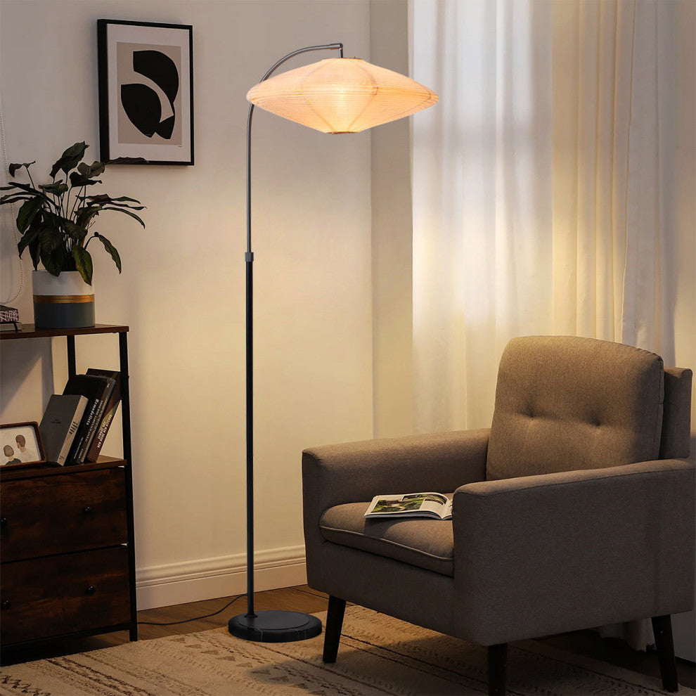 Roswell Floor Lamp Matte Black Finish, White Linen Shade, Black Marble Base