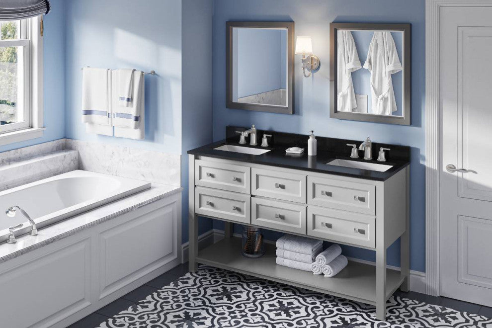 Adler Transitional 60" Grey Double Sink Vanity, Black Granite Vanity Top