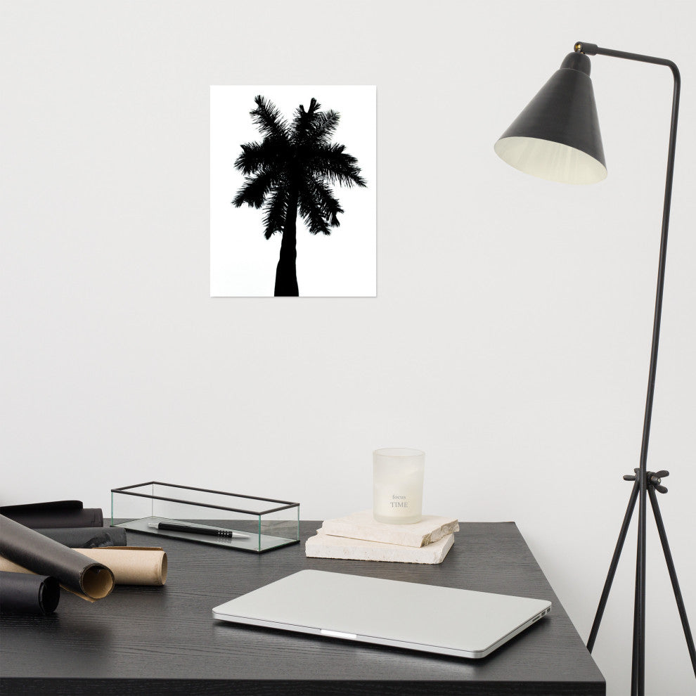 Palm Tree Silhouette on Pure White Tropical Botanical Unframed Wall Art Print, 11" X 14"