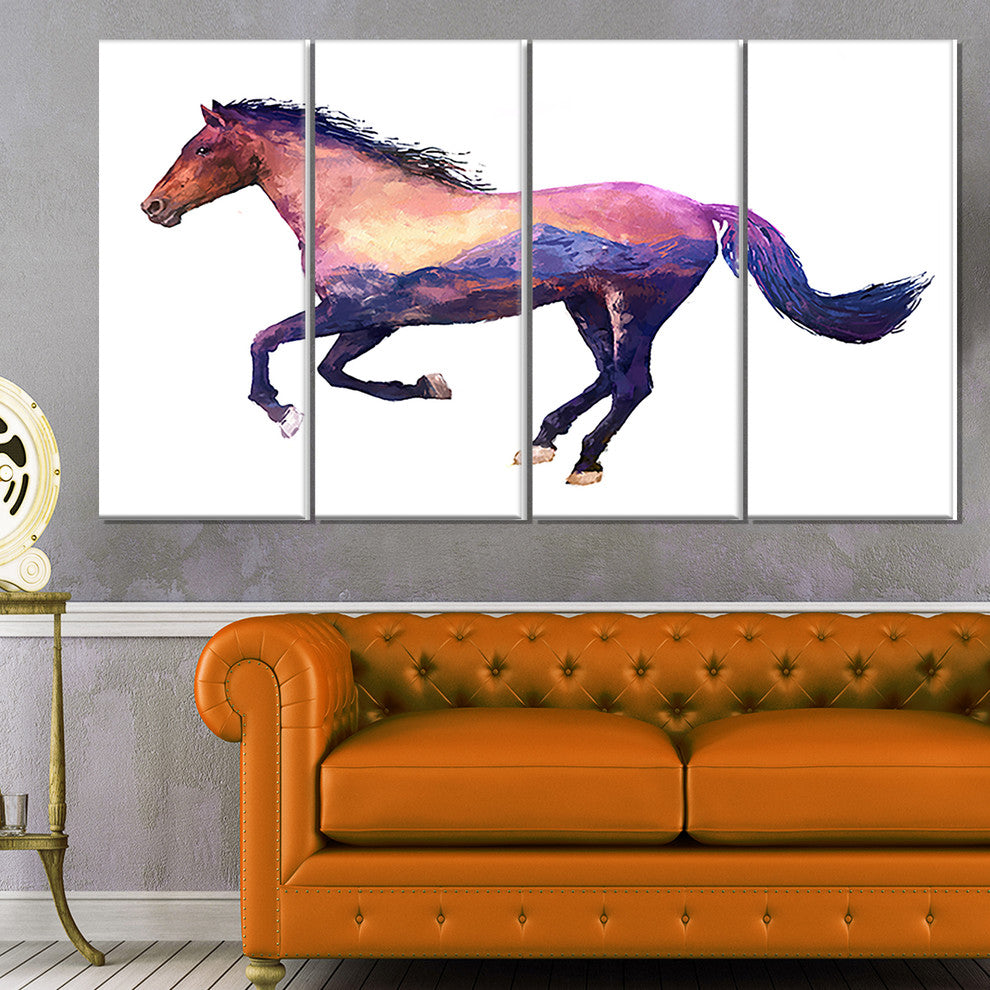 Horse Double Exposure Illustration, Large Animal Canvas Print, 48"x28", 4 Panels