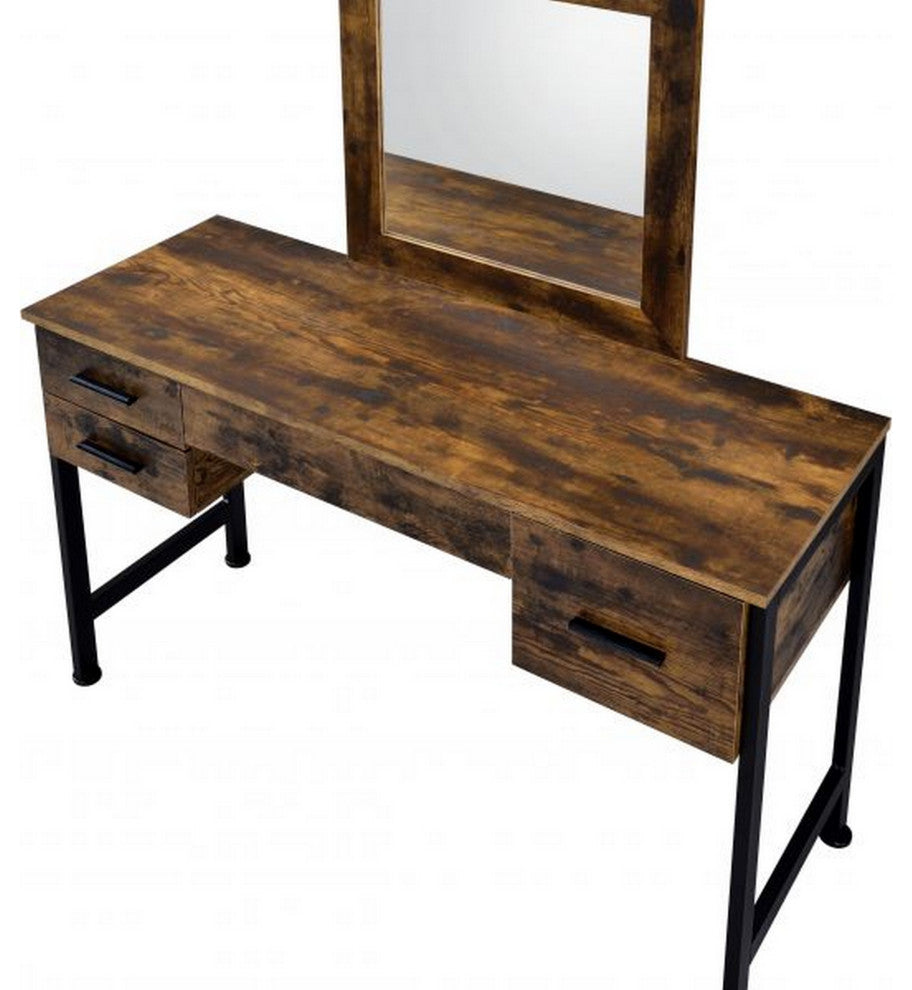 Benzara BM268893 Vanity Desk With 4 Drawers and Square Mirror, Brown and Black