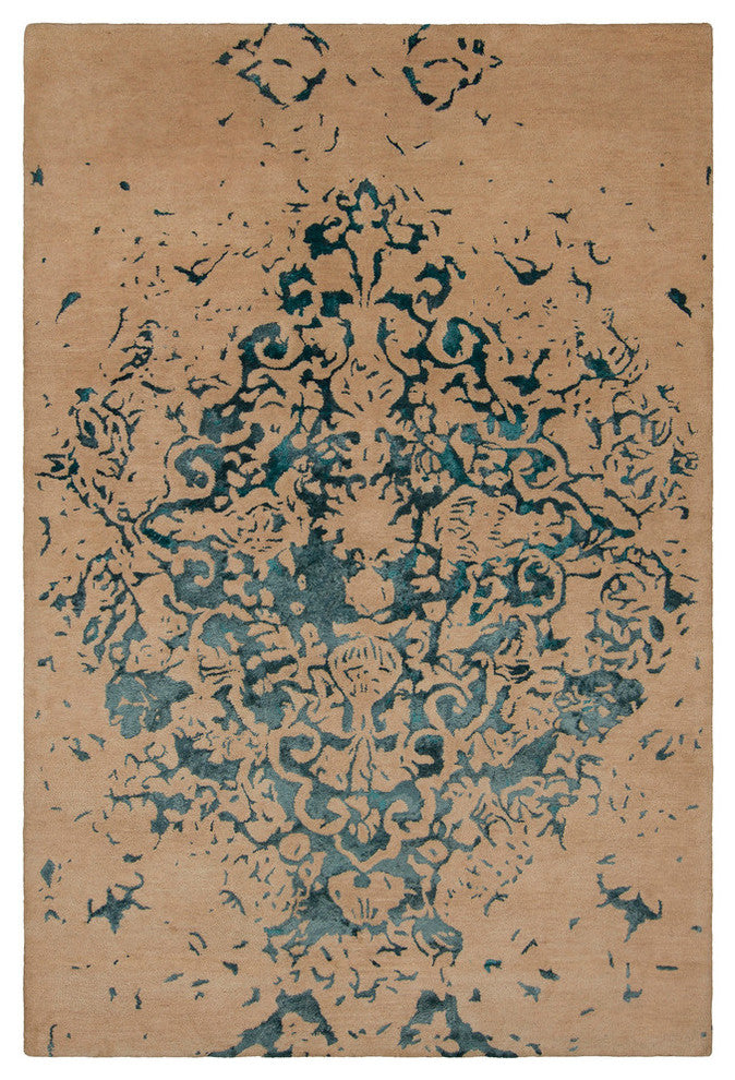 Veleno Contemporary Area Rug, Tan and Teal, 9'x13'