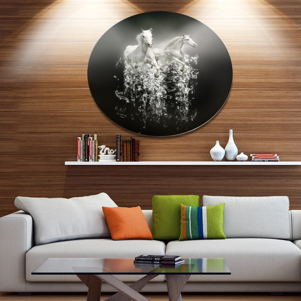 Fantasy White Horses On Black, Animal Disc Metal Artwork, 11"