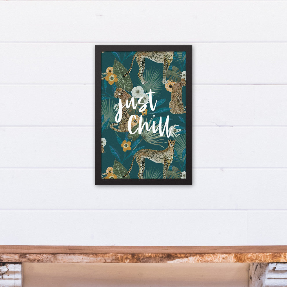 Just Chill Tropical Cheetah Teal 13.73x19.73 Black Framed Canvas