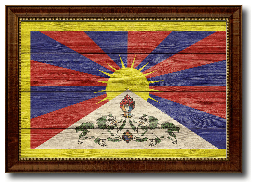 Tibet Country Textured Flag Print With Brown Gold Frame, 15"X21"