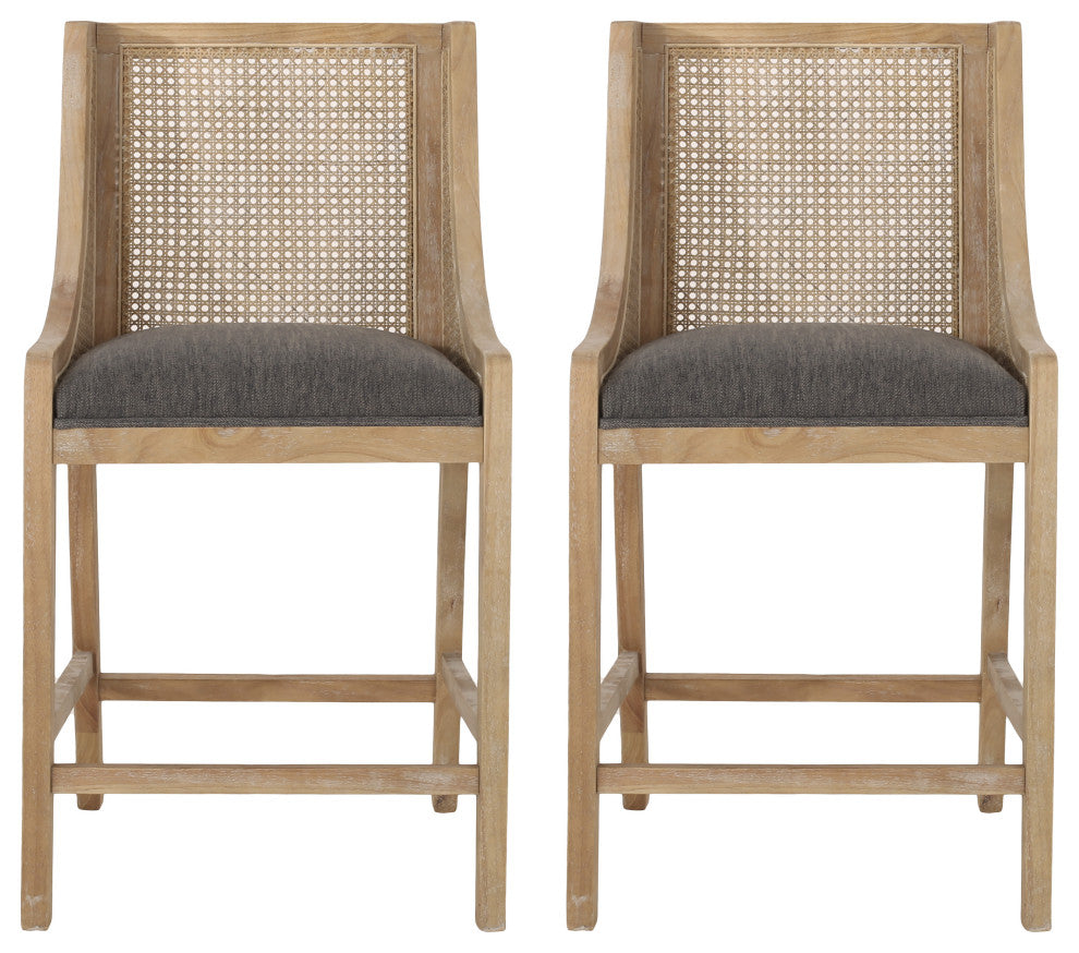 Deville Fabric Upholstered Wood and Cane 25.5 inch Counter Stools, Set of 2, Charcoal