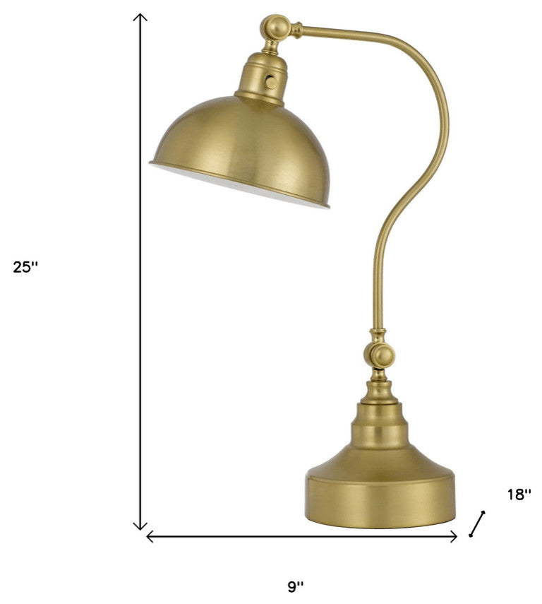 25" Antiqued Brass Metal Desk Table Lamp With Antiqued Brass Dome Shade